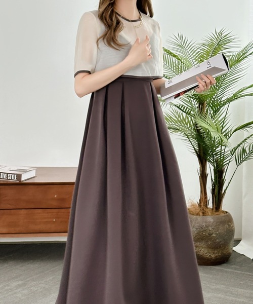 ECLIN（エクラン）の「【２点セット】シアーブラウス＆バックリボンキャミソールワンピース（ワンピース・レディース・ブルー/ブラック/カーキ/ダークブラウン・M/L）」の12枚目の写真