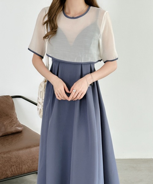 ECLIN（エクラン）の「【２点セット】シアーブラウス＆バックリボンキャミソールワンピース（ワンピース・レディース・ブルー/ブラック/カーキ/ダークブラウン・M/L）」の7枚目の写真