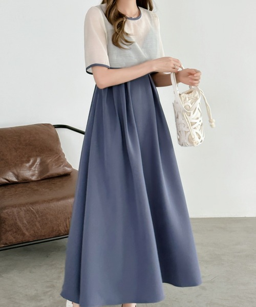 ECLIN（エクラン）の「【２点セット】シアーブラウス＆バックリボンキャミソールワンピース（ワンピース・レディース・ブルー/ブラック/カーキ/ダークブラウン・M/L）」の8枚目の写真