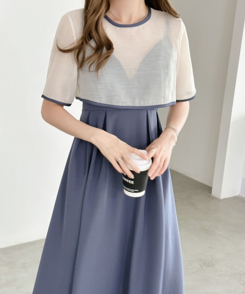 ECLIN（エクラン）の「【２点セット】シアーブラウス＆バックリボンキャミソールワンピース（ワンピース・レディース・ブルー/ブラック/カーキ/ダークブラウン・M/L）」の9枚目の写真