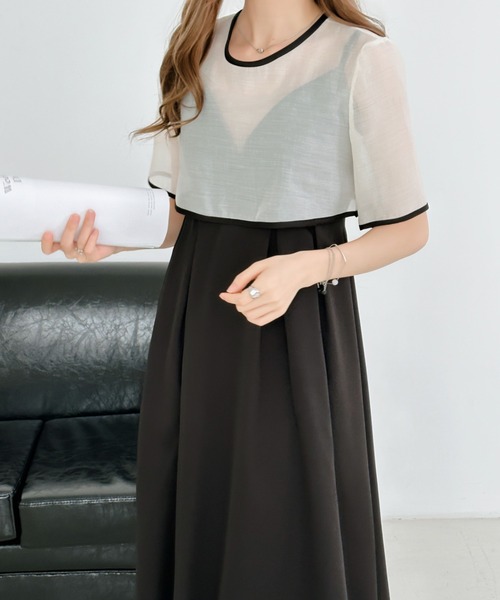 ECLIN（エクラン）の「【２点セット】シアーブラウス＆バックリボンキャミソールワンピース（ワンピース・レディース・ブルー/ブラック/カーキ/ダークブラウン・M/L）」の18枚目の写真