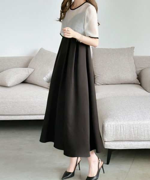 ECLIN（エクラン）の「【２点セット】シアーブラウス＆バックリボンキャミソールワンピース（ワンピース・レディース・ブルー/ブラック/カーキ/ダークブラウン・M/L）」の19枚目の写真