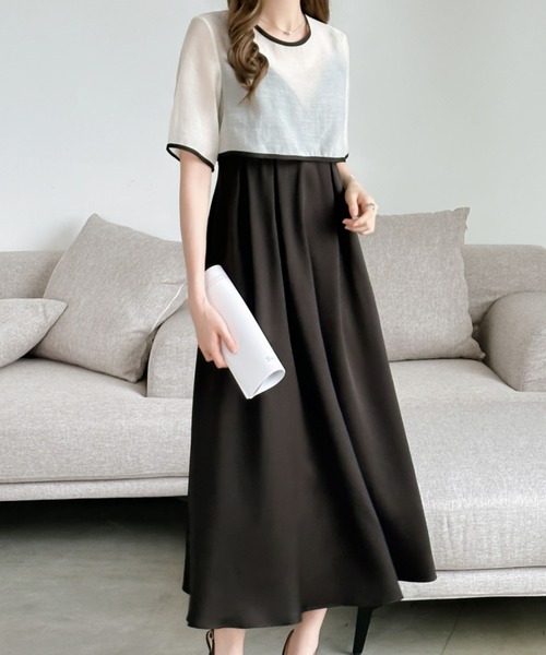 ECLIN（エクラン）の「【２点セット】シアーブラウス＆バックリボンキャミソールワンピース（ワンピース・レディース・ブルー/ブラック/カーキ/ダークブラウン・M/L）」の20枚目の写真