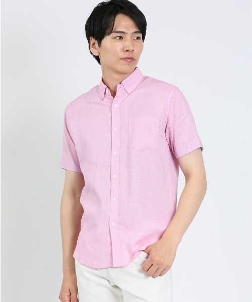 m.f.editorial（エムエフエディトリアル）の「m.f.エディトリアル メンズ 麻混 ボタンダウン半袖シャツ（シャツ/ブラウス・メンズ・ピンク系その他/ライトグレー/サックスブルー/オレンジ・MEDIUM/LARGE/X-LARGE）」の3枚目の写真