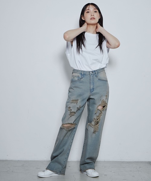 THE STANDARD(ザスタンダード)の「WEGO/ダメージデニムワイドパンツ(デニムパンツ・メンズ・ライトインディゴブルー/ブラック/コバルトブルー・SMALL/MEDIUM/LARGE)」の12枚目の写真