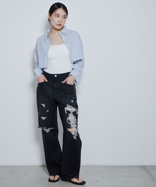 THE STANDARD(ザスタンダード)の「WEGO/ダメージデニムワイドパンツ(デニムパンツ・メンズ・ライトインディゴブルー/ブラック/コバルトブルー・SMALL/MEDIUM/LARGE)」の10枚目の写真