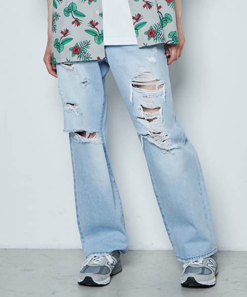 THE STANDARD(ザスタンダード)の「WEGO/ダメージデニムワイドパンツ(デニムパンツ・メンズ・ライトインディゴブルー/ブラック/コバルトブルー・SMALL/MEDIUM/LARGE)」の8枚目の写真
