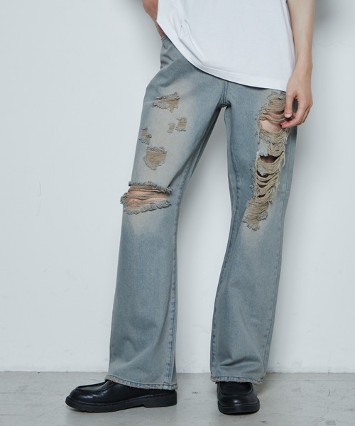 THE STANDARD(ザスタンダード)の「WEGO/ダメージデニムワイドパンツ(デニムパンツ・メンズ・ライトインディゴブルー/ブラック/コバルトブルー・SMALL/MEDIUM/LARGE)」の9枚目の写真