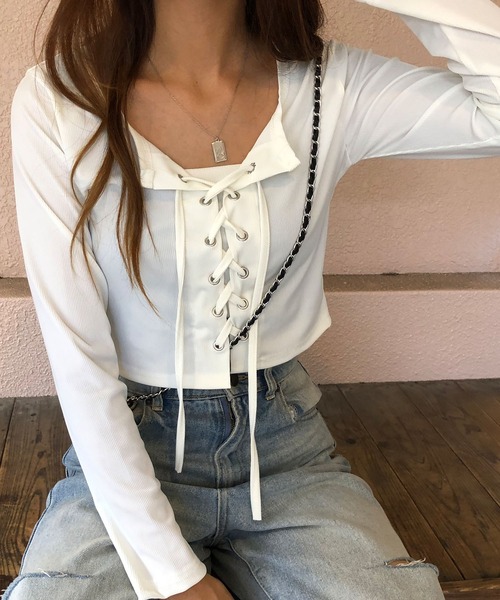 GLAMOROUS JANE（グラマラスジェーン）の「レースアップクロップド丈長袖トップス（Tシャツ/カットソー・レディース・ブラック/ホワイト/グレー・FREE）」の9枚目の写真