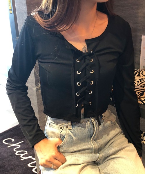 GLAMOROUS JANE（グラマラスジェーン）の「レースアップクロップド丈長袖トップス（Tシャツ/カットソー・レディース・ブラック/ホワイト/グレー・FREE）」の14枚目の写真