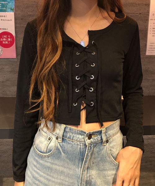 determブラック長袖Tシャツ Vネック レースアップ determブラック長袖T