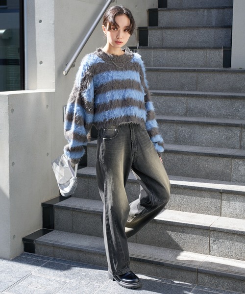 WEGO（ウィゴー）の「WEGO/ファータッチボーダーショートプルオーバー（ニット/セーター・レディース・ブラック/グリーン/サックスブルー・FREE）」の6枚目の写真