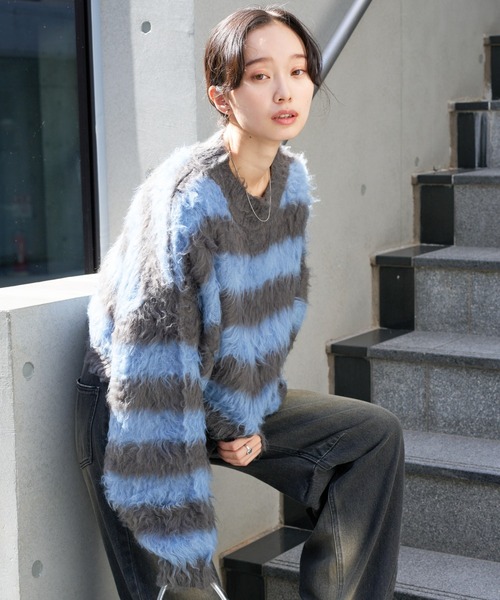 WEGO（ウィゴー）の「WEGO/ファータッチボーダーショートプルオーバー（ニット/セーター・レディース・ブラック/グリーン/サックスブルー・FREE）」の19枚目の写真