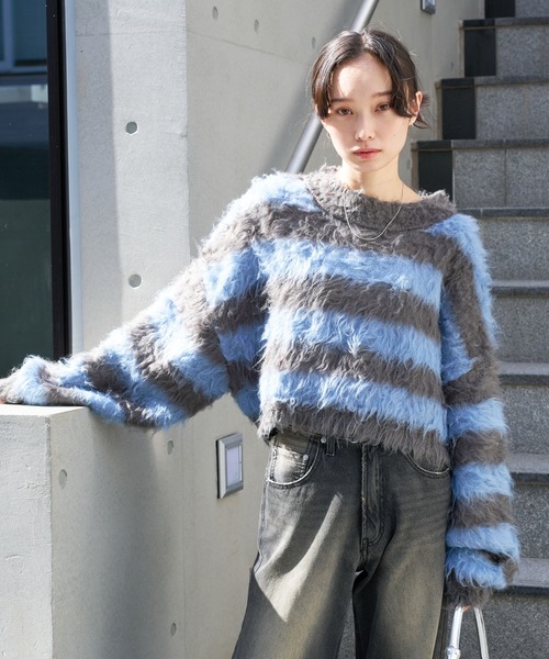 WEGO（ウィゴー）の「WEGO/ファータッチボーダーショートプルオーバー（ニット/セーター・レディース・ブラック/グリーン/サックスブルー・FREE）」の20枚目の写真