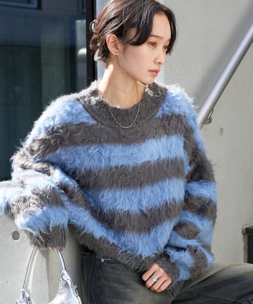 WEGO（ウィゴー）の「WEGO/ファータッチボーダーショートプルオーバー（ニット/セーター・レディース・ブラック/グリーン/サックスブルー・FREE）」の21枚目の写真