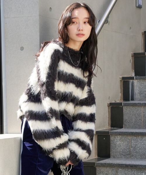 WEGO（ウィゴー）の「WEGO/ファータッチボーダーショートプルオーバー（ニット/セーター・レディース・ブラック/グリーン/サックスブルー・FREE）」の13枚目の写真