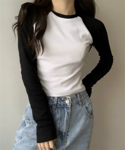 FREE STYLISTS(フリー スタイリスト)の「配色ロングスリーブTシャツ(Tシャツ/カットソー・レディース・ホワイト/グレー・M/L)」の1枚目の写真