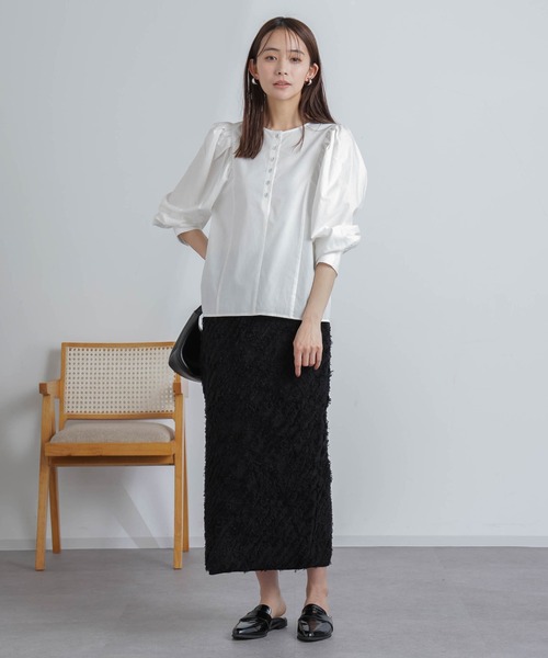 NANO universe（ナノユニバース）の「フリンジニットスカート(セットアップ可)（スカート・レディース・ブラック/オフホワイト・S/M）」の4枚目の写真