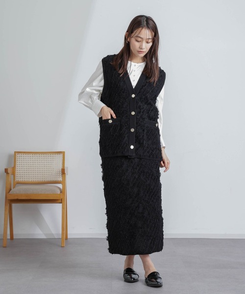 NANO universe（ナノユニバース）の「フリンジニットスカート(セットアップ可)（スカート・レディース・ブラック/オフホワイト・S/M）」の8枚目の写真