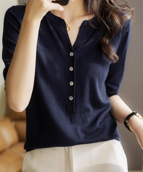 Miniministore(ミニミニストア)の「サマーニット Vネックニットトップス韓国 夏服(ニット/セーター・レディース・ネイビー/モカ/グレー/アイボリー/ピンク/ブラック・FREE)」の22枚目の写真