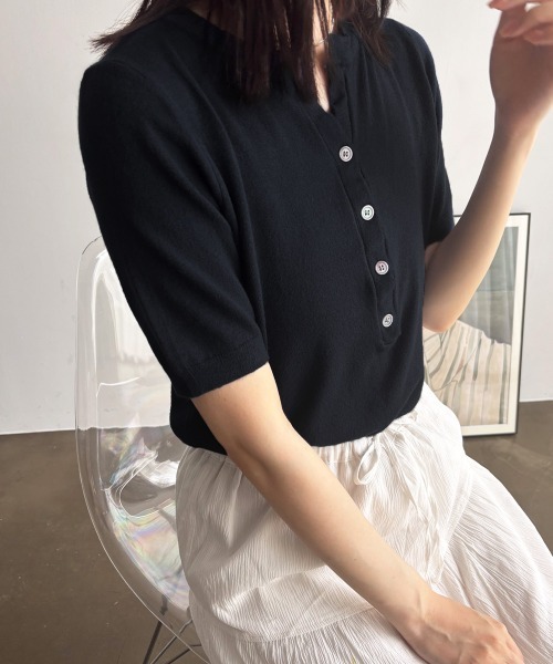 Miniministore(ミニミニストア)の「サマーニット Vネックニットトップス韓国 夏服(ニット/セーター・レディース・ネイビー/モカ/グレー/アイボリー/ピンク/ブラック・FREE)」の7枚目の写真