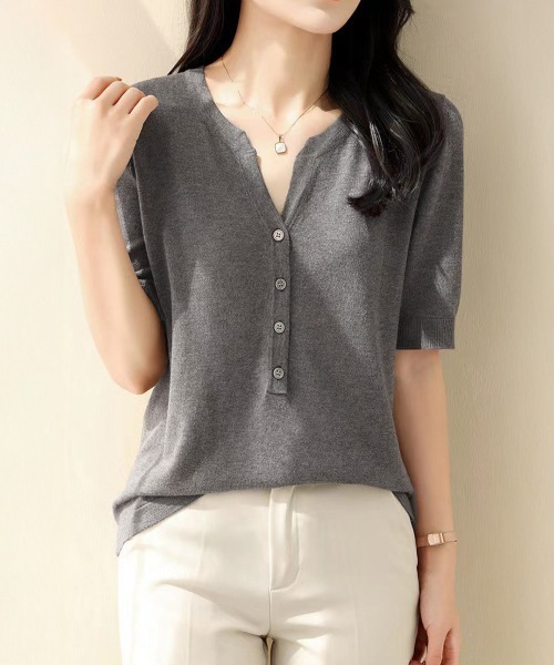 Miniministore(ミニミニストア)の「サマーニット Vネックニットトップス韓国 夏服(ニット/セーター・レディース・ネイビー/モカ/グレー/アイボリー/ピンク/ブラック・FREE)」の13枚目の写真