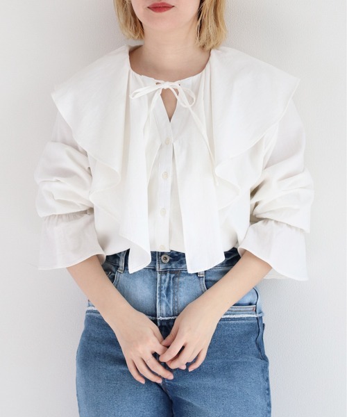 cepo(セポ)の「スキッパーラッフルブラウス(シャツ/ブラウス・レディース・ミント/オフホワイト/ブラック・M)」の6枚目の写真