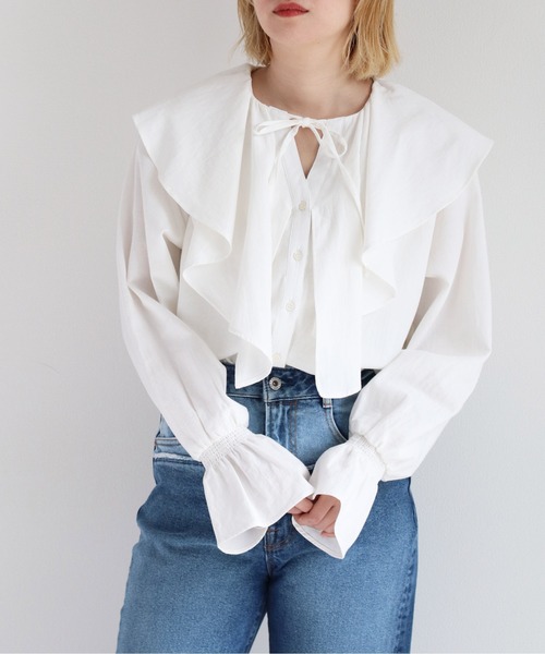 cepo(セポ)の「スキッパーラッフルブラウス(シャツ/ブラウス・レディース・ミント/オフホワイト/ブラック・M)」の4枚目の写真