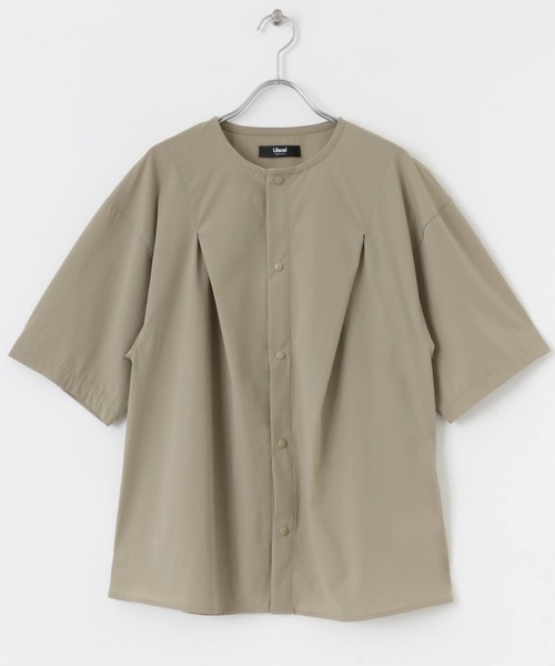 Uiscel（ユイセル）の「Uiscel　4WAYストレッチタックノーカラーシャツ5分袖（シャツ/ブラウス・メンズ・チャコールグレー/ベージュ・LARGE/MEDIUM）」の19枚目の写真