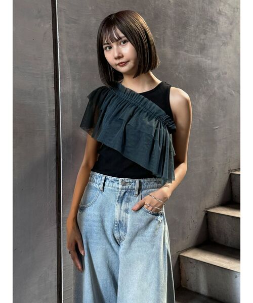 MURUA（ムルーア）の「チュールフリルレイヤードタンクトップ（Tシャツ/カットソー・レディース・ブラック/グレー・FREE）」の15枚目の写真