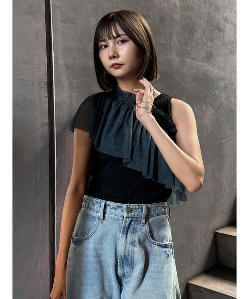 MURUA（ムルーア）の「チュールフリルレイヤードタンクトップ（Tシャツ/カットソー・レディース・ブラック/グレー・FREE）」の14枚目の写真