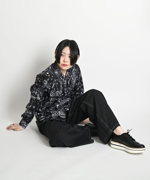 【レミレリーフ】日本製 リネン ペイズリー柄 シャツ M 長袖 ビーズ装飾 レミレリーフ】日本製 リネン ペイズリー柄 シャツ M 長袖