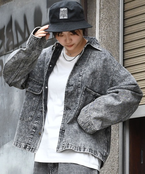 おしゃれスタ(オシャレスタ)の「vintage like hard wash denim work jacket/ヴィンテージライク ハードウォッシュ デニム ワークジャケット【IR】 オーバーサイズ メンズ レディース(デニムジャケット・メンズ・ブラック/ケミカルウォッシュ・M/L/XL)」の7枚目の写真