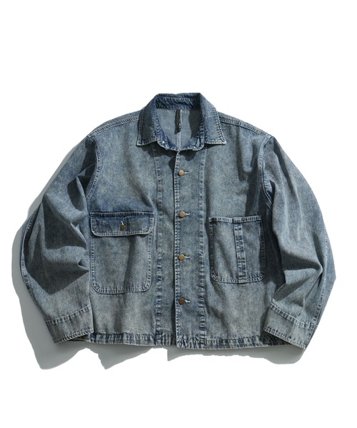 おしゃれスタ(オシャレスタ)の「vintage like hard wash denim work jacket/ヴィンテージライク ハードウォッシュ デニム ワークジャケット【IR】 オーバーサイズ メンズ レディース(デニムジャケット・メンズ・ブラック/ケミカルウォッシュ・M/L/XL)」の5枚目の写真