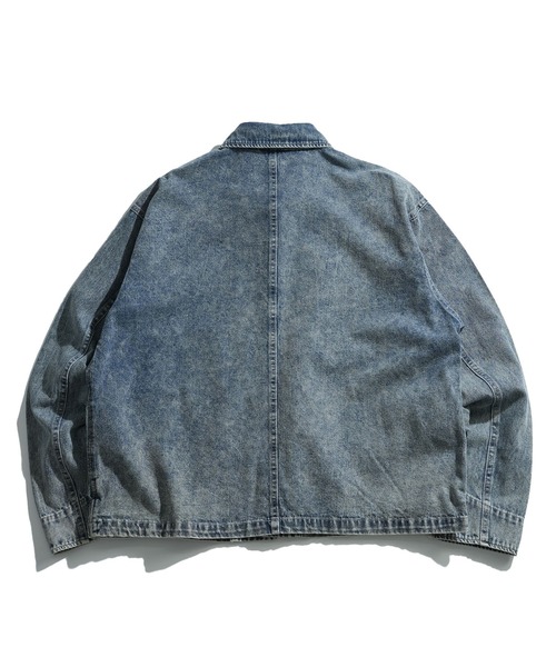 おしゃれスタ(オシャレスタ)の「vintage like hard wash denim work jacket/ヴィンテージライク ハードウォッシュ デニム ワークジャケット【IR】 オーバーサイズ メンズ レディース(デニムジャケット・メンズ・ブラック/ケミカルウォッシュ・M/L/XL)」の6枚目の写真