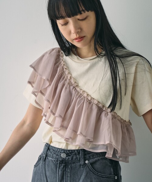 coen(コーエン)の「【WEB限定】チュールドッキングハーフスリーブTシャツ(Tシャツ/カットソー・レディース・オフホワイト/ブラック/ダークグレー・M/L)」の2枚目の写真