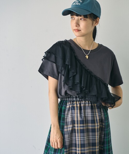 coen(コーエン)の「【WEB限定】チュールドッキングハーフスリーブTシャツ(Tシャツ/カットソー・レディース・オフホワイト/ブラック/ダークグレー・M/L)」の3枚目の写真