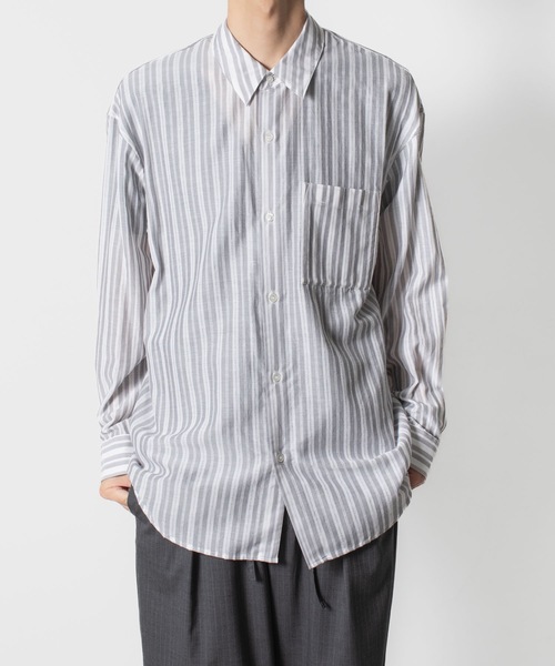 グレーとホワイトのストライプローブ セール】ストライプ レノクロス L/S シャツ / STRIPE LENO CLOTH L/S