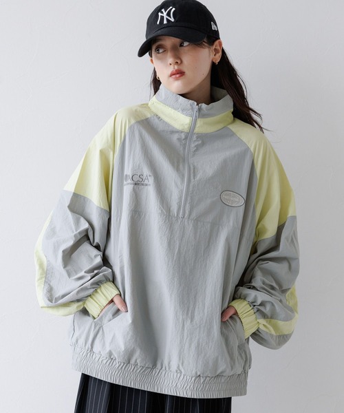 RAGEBLUE（レイジブルー）の「ルーズシルエット/配色ナイロンハーフジップ（スウェット・レディース・グレー/ブルー・FREE）」の2枚目の写真