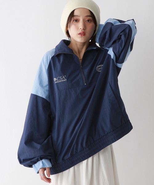 RAGEBLUE（レイジブルー）の「ルーズシルエット/配色ナイロンハーフジップ（スウェット・レディース・グレー/ブルー・FREE）」の11枚目の写真