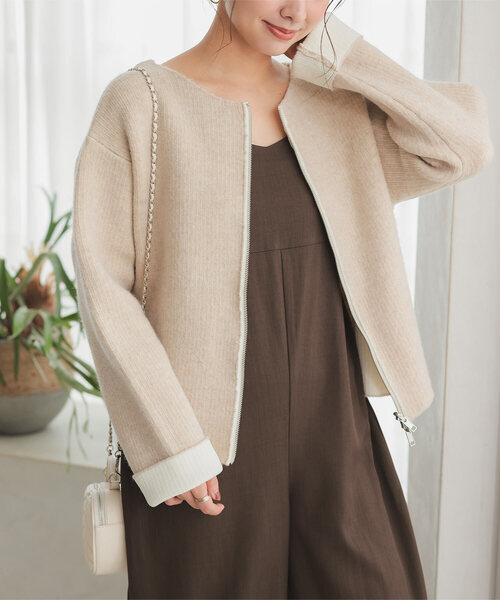 KOBE LETTUCE（コウベレタス）の「選べる2タイプ 配色ニット（ニット/セーター・レディース・グレー系/ベージュ系1/ベージュ系/ピンク系/グレー系1/ピンク系1・M/M1）」の3枚目の写真