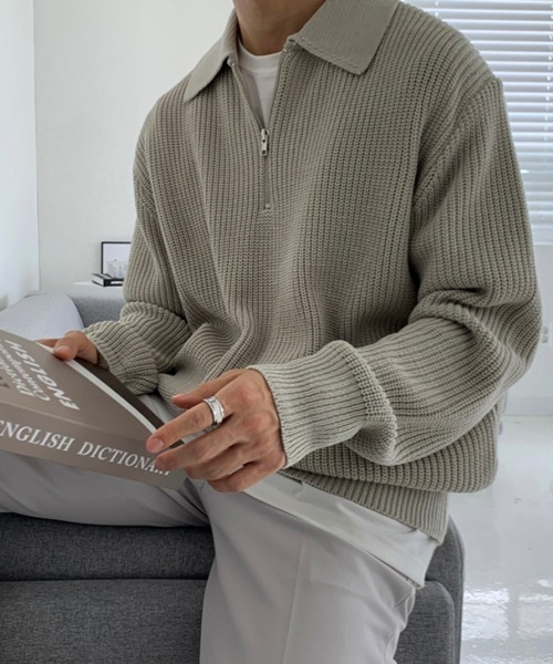 NOWLE（ノウル）の「【NOWLE】ポロネック ハーフジップ リブニット（ニット/セーター・メンズ・ベージュ/ブラック/グレー・MEDIUM/LARGE/X-LARGE）」の6枚目の写真