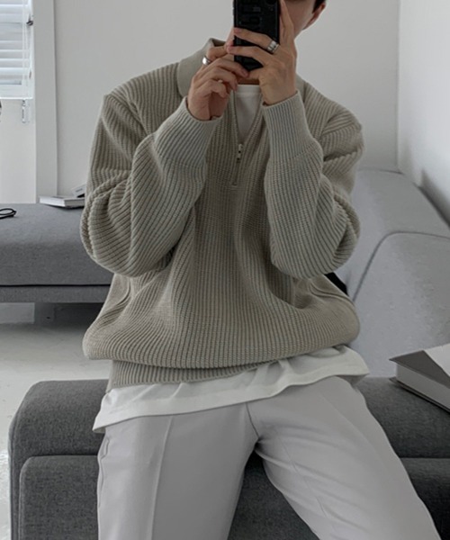 NOWLE（ノウル）の「【NOWLE】ポロネック ハーフジップ リブニット（ニット/セーター・メンズ・ベージュ/ブラック/グレー・MEDIUM/LARGE/X-LARGE）」の7枚目の写真