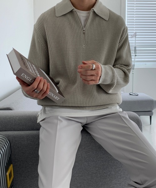 NOWLE（ノウル）の「【NOWLE】ポロネック ハーフジップ リブニット（ニット/セーター・メンズ・ベージュ/ブラック/グレー・MEDIUM/LARGE/X-LARGE）」の8枚目の写真