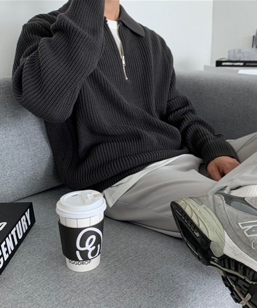 NOWLE（ノウル）の「【NOWLE】ポロネック ハーフジップ リブニット（ニット/セーター・メンズ・ベージュ/ブラック/グレー・MEDIUM/LARGE/X-LARGE）」の12枚目の写真