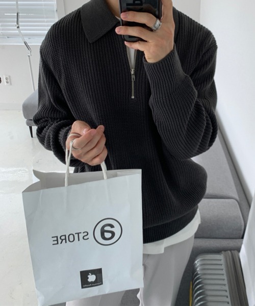 NOWLE（ノウル）の「【NOWLE】ポロネック ハーフジップ リブニット（ニット/セーター・メンズ・ベージュ/ブラック/グレー・MEDIUM/LARGE/X-LARGE）」の13枚目の写真