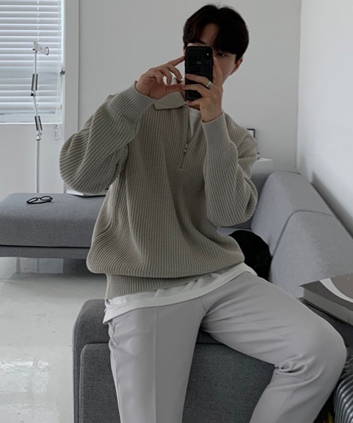 NOWLE（ノウル）の「【NOWLE】ポロネック ハーフジップ リブニット（ニット/セーター・メンズ・ベージュ/ブラック/グレー・MEDIUM/LARGE/X-LARGE）」の16枚目の写真