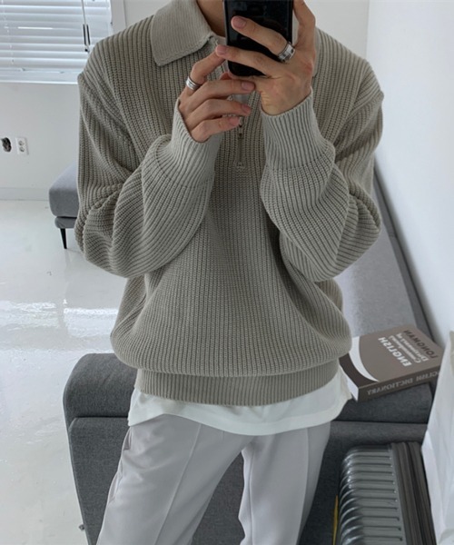 NOWLE（ノウル）の「【NOWLE】ポロネック ハーフジップ リブニット（ニット/セーター・メンズ・ベージュ/ブラック/グレー・MEDIUM/LARGE/X-LARGE）」の17枚目の写真