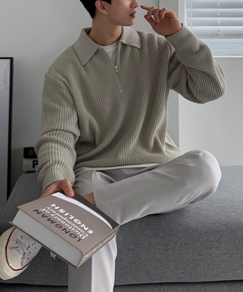 NOWLE（ノウル）の「【NOWLE】ポロネック ハーフジップ リブニット（ニット/セーター・メンズ・ベージュ/ブラック/グレー・MEDIUM/LARGE/X-LARGE）」の4枚目の写真