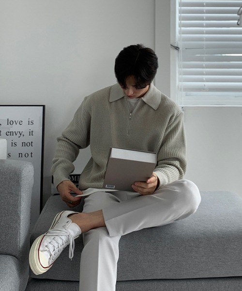 NOWLE（ノウル）の「【NOWLE】ポロネック ハーフジップ リブニット（ニット/セーター・メンズ・ベージュ/ブラック/グレー・MEDIUM/LARGE/X-LARGE）」の5枚目の写真